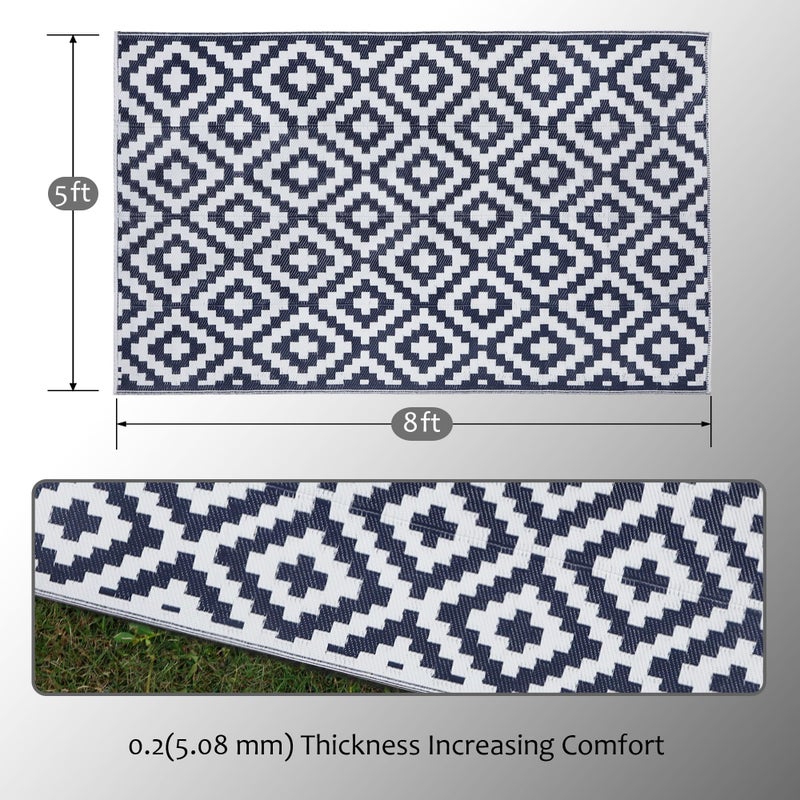 SAND MINE Reversible Mats, Plastic Straw Rug, Modern Area Rug, Large Floor Mat and Rug for Outdoors, RV, Patio, Backyard, Deck, Picnic, Beach, Trailer, Camping, Dark Blue & White, 5' x 8' - Image 2