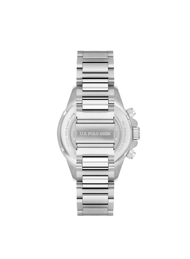 يو اس بولو اسن ساعة رجالية متعددة الوظائف بسوار فضي من الفولاذ المقاوم للصدأ وميناء أخضر  مم - Image 3