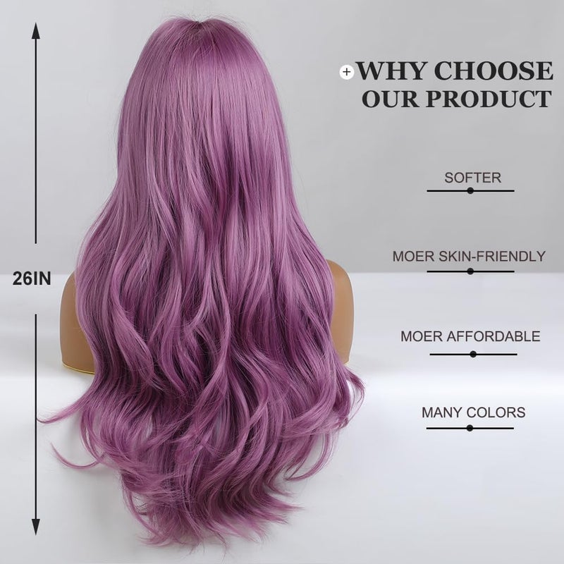 Esmee باروكة إسمى بطول 26 بوصة باللون الأرجواني مع غرة، شعر صناعي طبيعي، باروكات متموجة للنساء للاستخدام اليومي وحفلات الكوسبلاي - Image 4