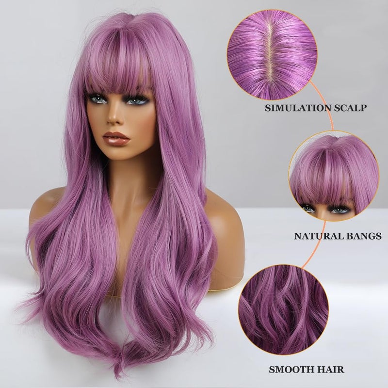 Esmee باروكة إسمى بطول 26 بوصة باللون الأرجواني مع غرة، شعر صناعي طبيعي، باروكات متموجة للنساء للاستخدام اليومي وحفلات الكوسبلاي - Image 3