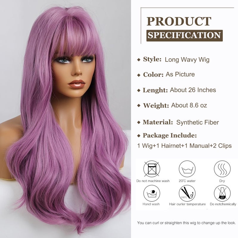 Esmee باروكة إسمى بطول 26 بوصة باللون الأرجواني مع غرة، شعر صناعي طبيعي، باروكات متموجة للنساء للاستخدام اليومي وحفلات الكوسبلاي - Image 2