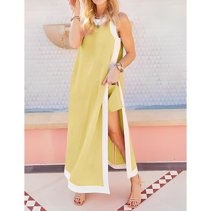 Hooever Women's 2 Piece Sets Boho Color Block Sleeveless Maxi Dress Matching Shorts with Pockets - Image 2