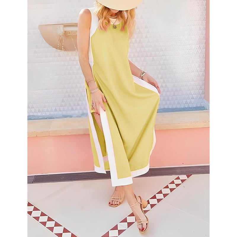 Hooever Women's 2 Piece Sets Boho Color Block Sleeveless Maxi Dress Matching Shorts with Pockets - Image 3