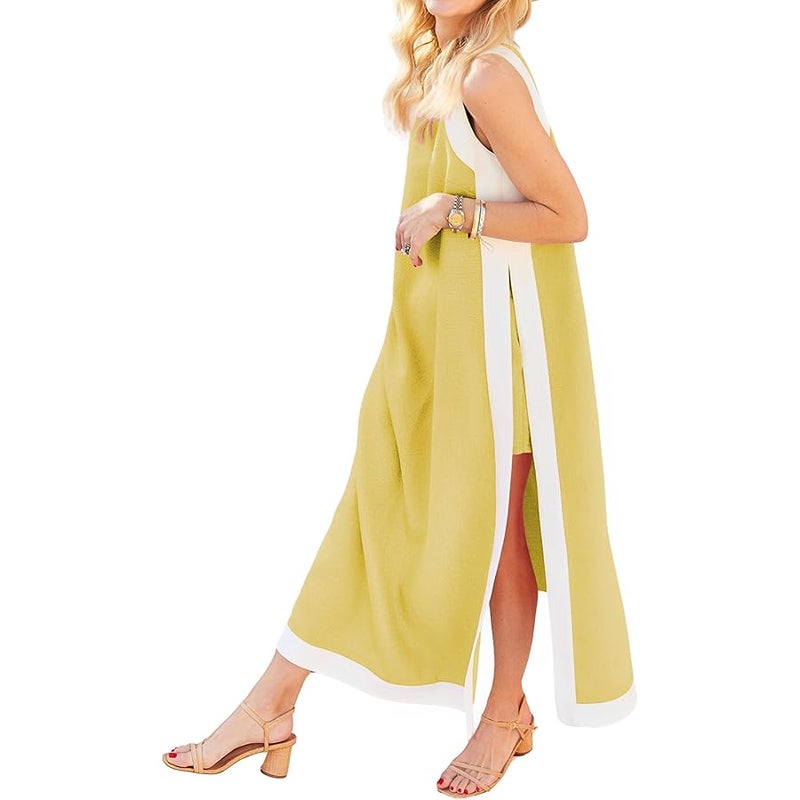 Hooever Women's 2 Piece Sets Boho Color Block Sleeveless Maxi Dress Matching Shorts with Pockets - Image 1