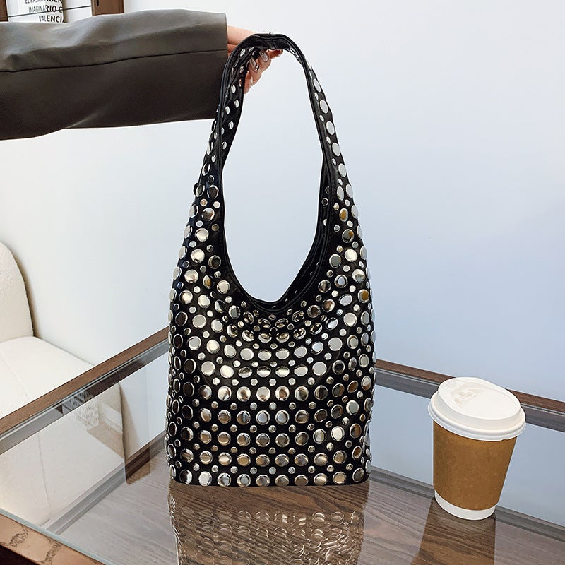 Fashion Handbags For Women Casual Bucket Bags, Personalized Trendy Cool Polka Dot Rivet Armpit Bags - Image 4