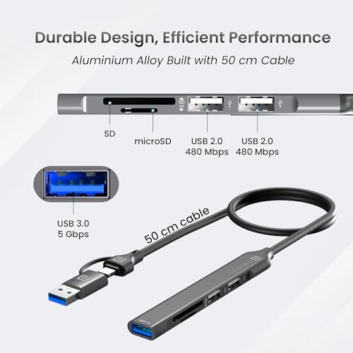 Portronics Mport 31 Plus USB 3.0 Hub Dock (5-in-1) with USB & Type-C Dual Plugs, upto 5 Gbps High Speed, USB 3.0, 2-Port USB 2.0 & SD/microSD Card Reader for Laptop, PC, Mac, Smartphone, Tablet (Grey) - Image 4