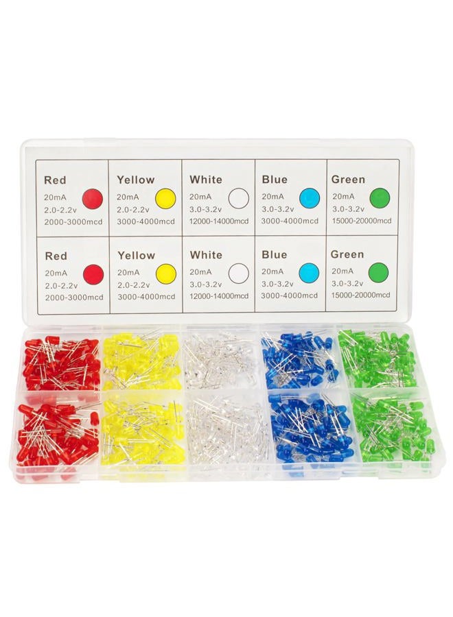 DiCUNO 450pcs (5 Colors x 90pcs) 5mm LED Light Emitting Diode Round Assorted Color White/Red/Yellow/Green/Blue Kit Box - Image 1
