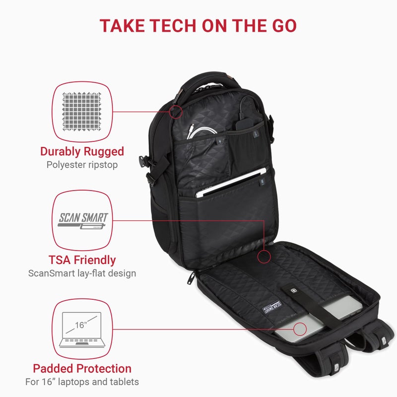 SWISSGEAR حقيبة ظهر لابتوب سويس جير ترافل تك إليت - تناسب لابتوبات حتى 16 بوصة - حقيبة سكاسمار تيسا-ودية مع منفذ USB، قسم للأحذية و جيوب تنظيمية - سوداء - Image 2