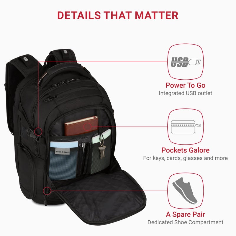 SWISSGEAR حقيبة ظهر لابتوب سويس جير ترافل تك إليت - تناسب لابتوبات حتى 16 بوصة - حقيبة سكاسمار تيسا-ودية مع منفذ USB، قسم للأحذية و جيوب تنظيمية - سوداء - Image 3