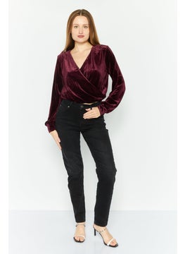Black Tape Women Surplice Neck Long sleeve Plain Velvet Top, Maroon  - Image 2