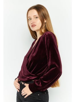 Black Tape Women Surplice Neck Long sleeve Plain Velvet Top, Maroon  - Image 3