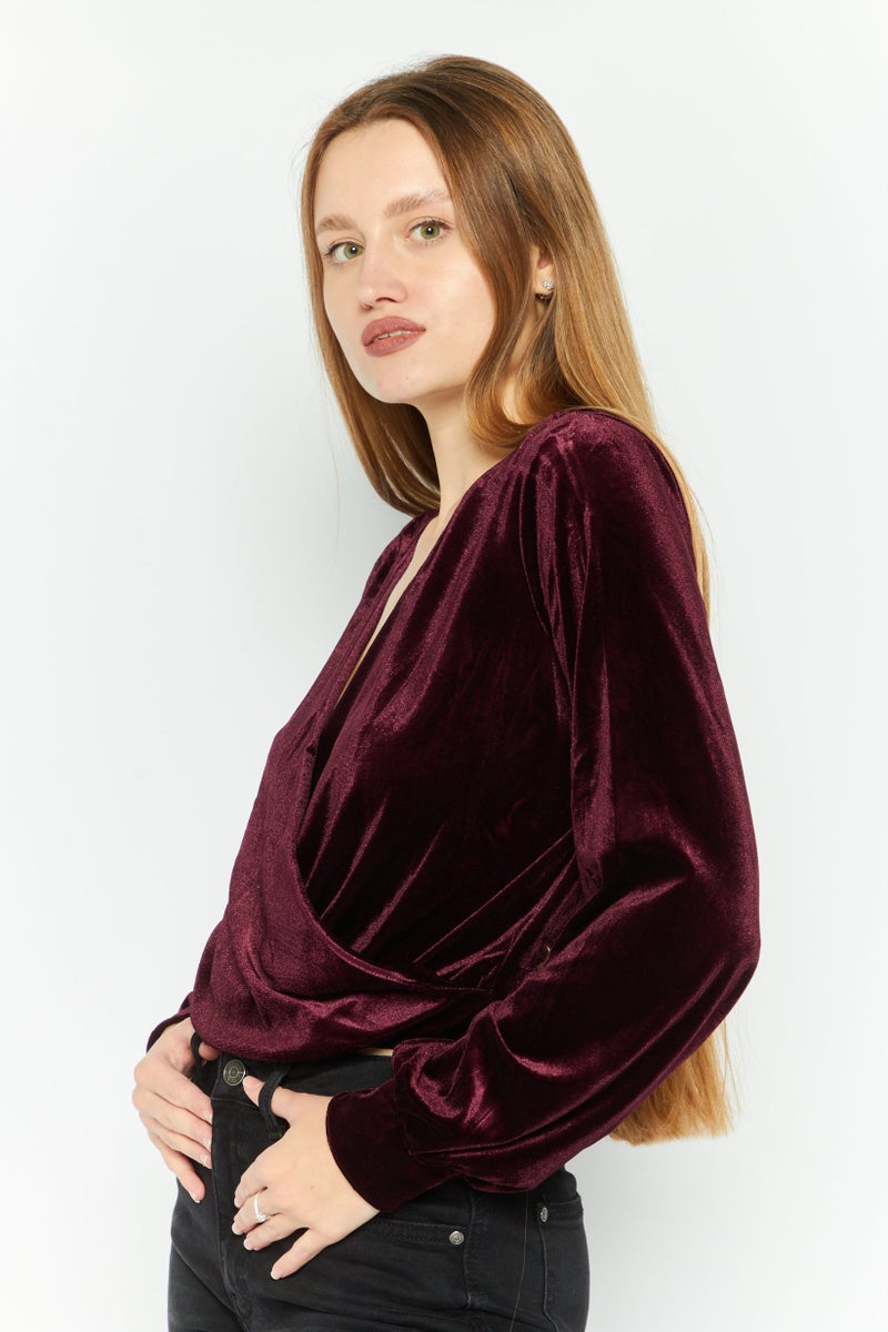 Black Tape Women Surplice Neck Long sleeve Plain Velvet Top, Maroon  - Image 3
