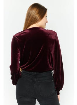 Black Tape Women Surplice Neck Long sleeve Plain Velvet Top, Maroon  - Image 4