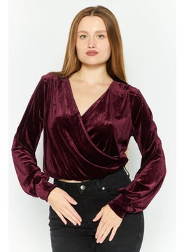 Black Tape Women Surplice Neck Long sleeve Plain Velvet Top, Maroon  - Image 1