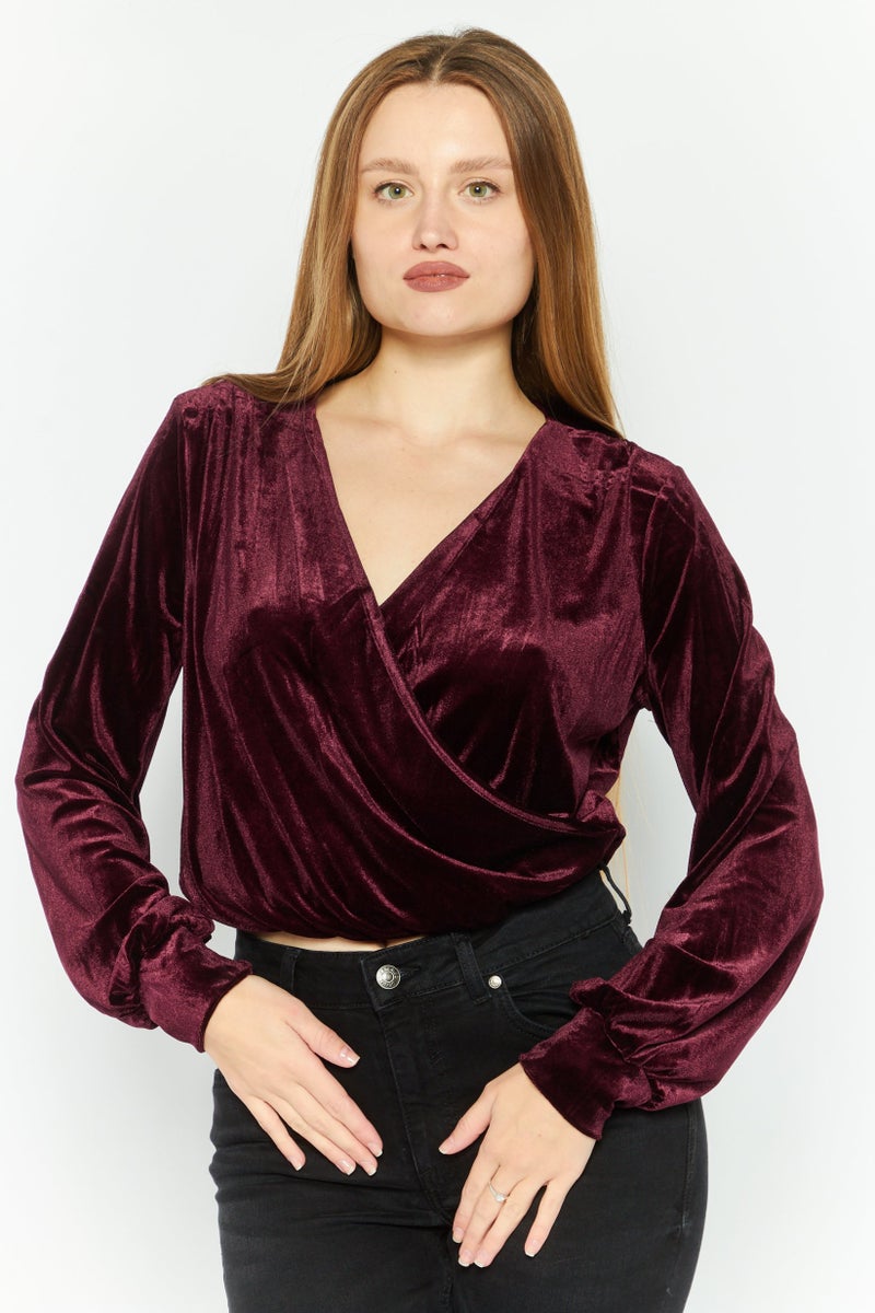 Black Tape Women Surplice Neck Long sleeve Plain Velvet Top, Maroon  - Image 1