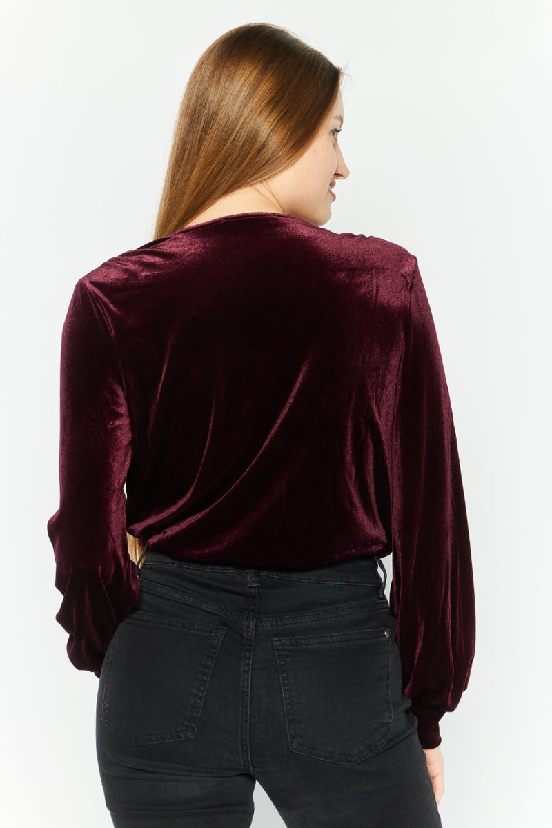Black Tape Women Surplice Neck Long sleeve Plain Velvet Top, Maroon - Image 4