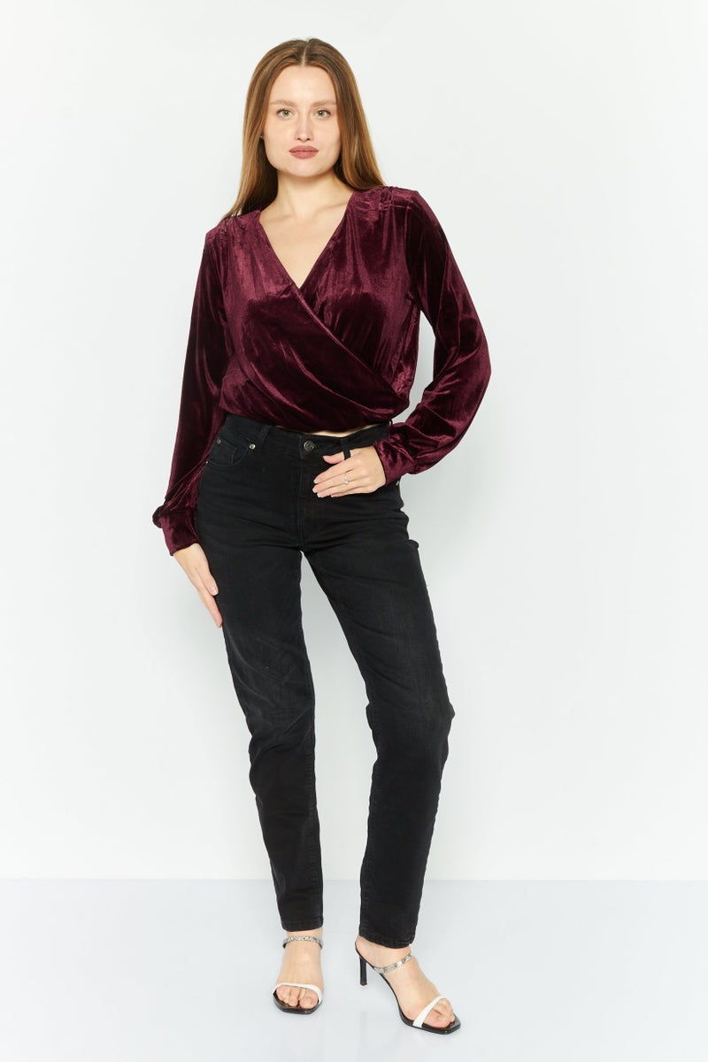 Black Tape Women Surplice Neck Long sleeve Plain Velvet Top, Maroon - Image 2