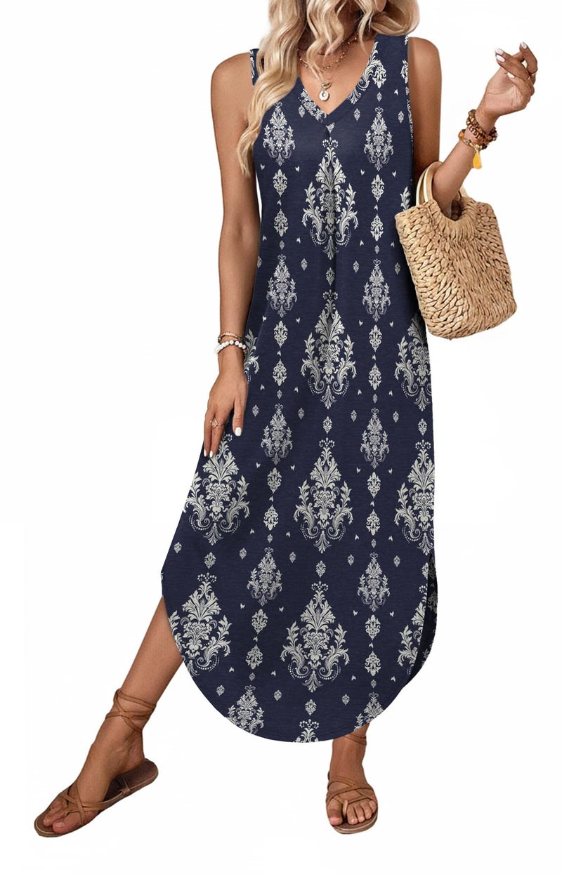 OFEEFAN Womens Maxi Dresses 2026 Loose V Neck Sleeveless Boho Casual Spring Dress Beach Sundresses with Pockets Beach Vacation Essentials Floral 07 M - Image 3
