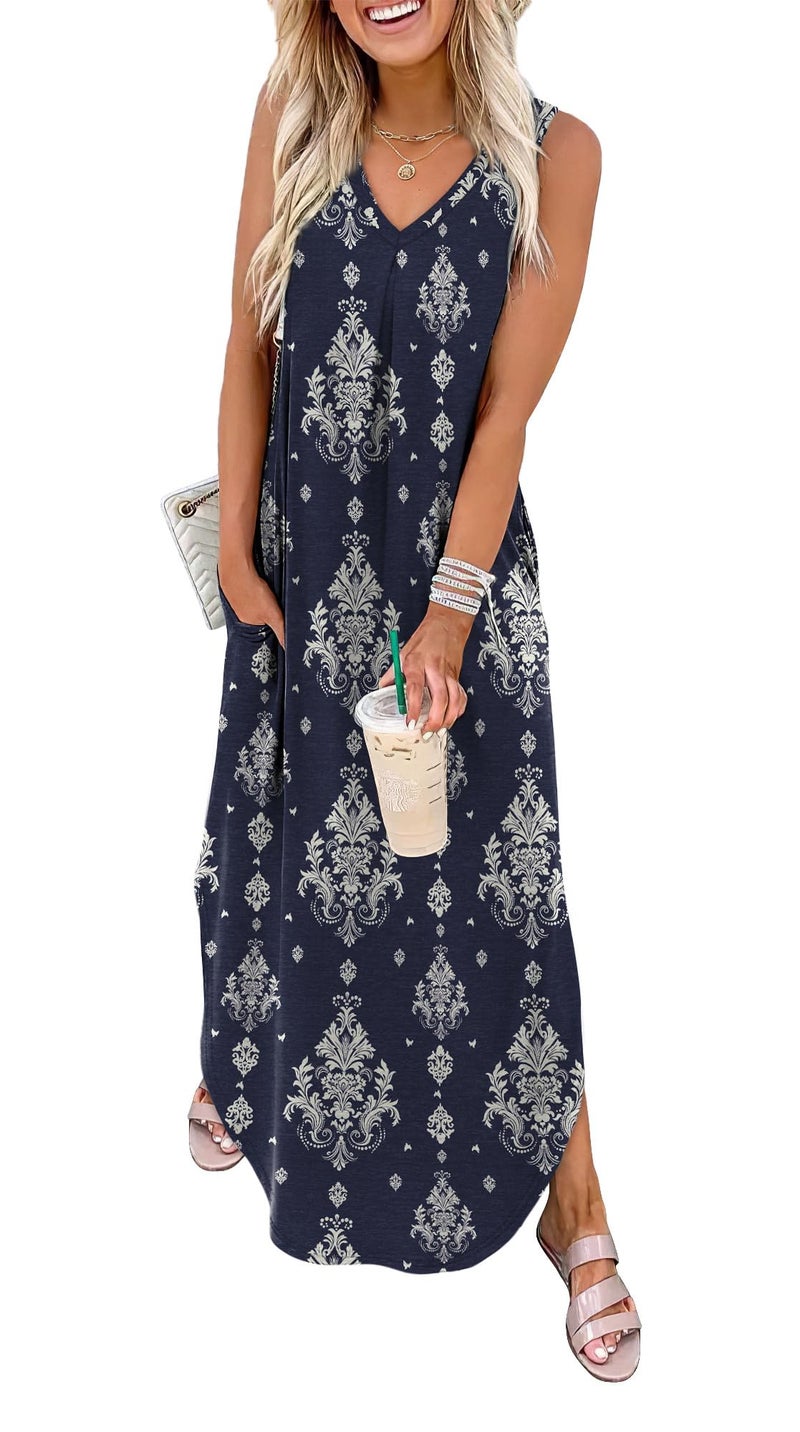 OFEEFAN Womens Maxi Dresses 2026 Loose V Neck Sleeveless Boho Casual Spring Dress Beach Sundresses with Pockets Beach Vacation Essentials Floral 07 M - Image 1