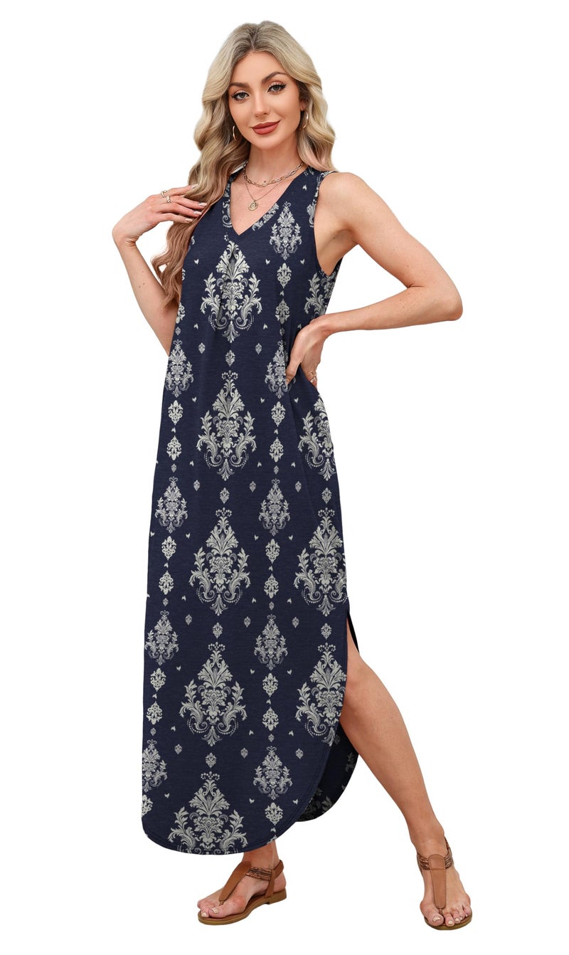 OFEEFAN Womens Maxi Dresses 2026 Loose V Neck Sleeveless Boho Casual Spring Dress Beach Sundresses with Pockets Beach Vacation Essentials Floral 07 M - Image 4