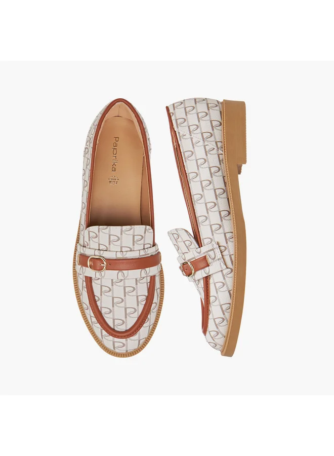 بابريكا Women Monogram Print Slip-On Loafers with Buckle Accent