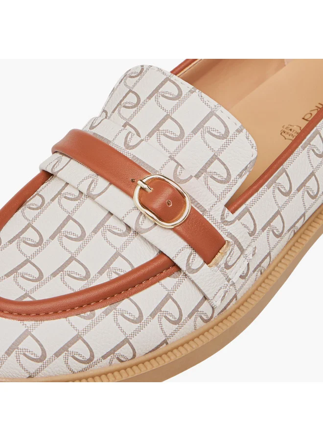 Paprika Women Monogram Print Slip-On Loafers with Buckle Accent
