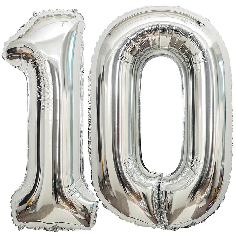 BBPOOL 10 Number Balloons Silver 10 Balloons Number 40 Inch Number 10 Foil Mylar Balloons for 10 Birthday Party 10 Anniversary Events Decorations - Image 3