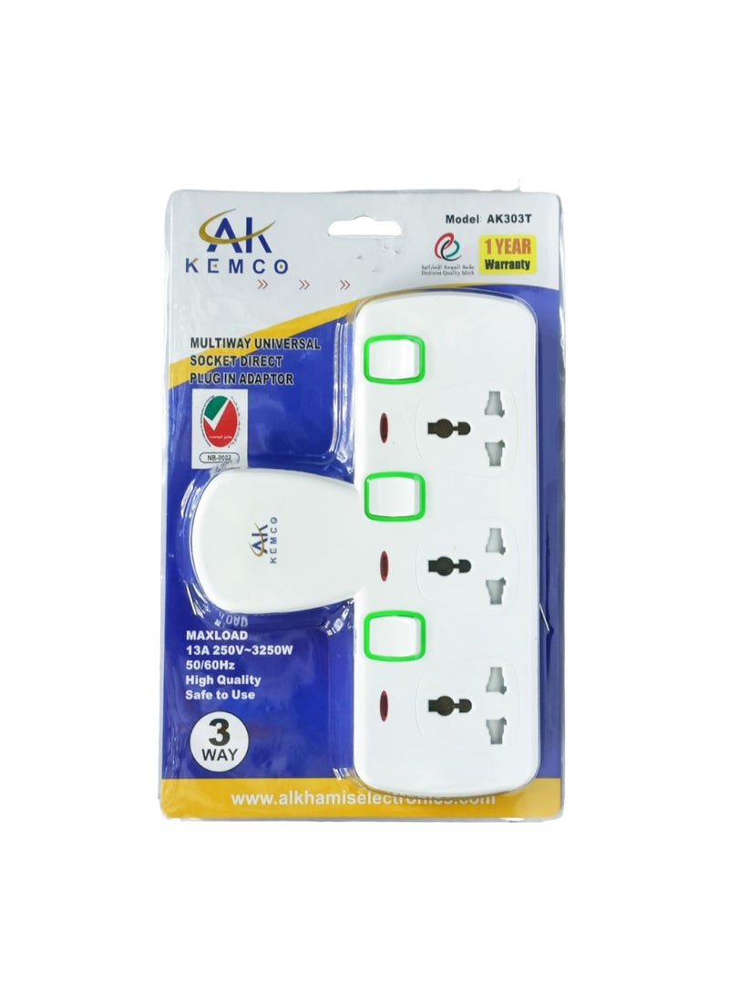 AK KEMCO 3 Way Universal Multi Adaptor T Socket with Switch AK-303T - Image 1