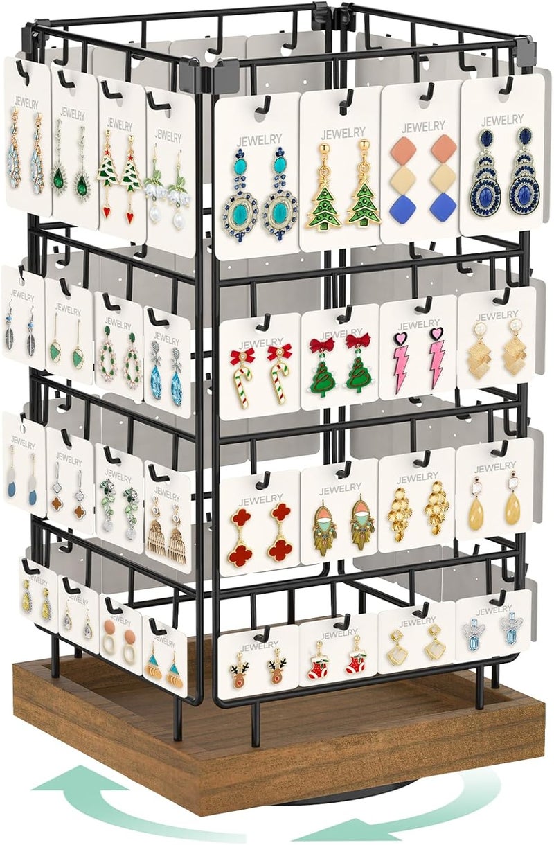 EsLuker.ly Rotating Earring Display Holder Stand for Vendors Events Selling, Large Capacity 64 Hooks Jewelry Rack with Wooden Base for Earring Card Sales, Enhances Retail Display Visibility - Image 1