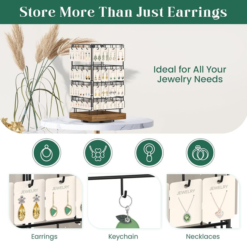 EsLuker.ly Rotating Earring Display Holder Stand for Vendors Events Selling, Large Capacity 64 Hooks Jewelry Rack with Wooden Base for Earring Card Sales, Enhances Retail Display Visibility - Image 3