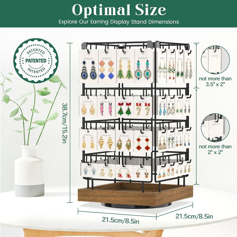EsLuker.ly Rotating Earring Display Holder Stand for Vendors Events Selling, Large Capacity 64 Hooks Jewelry Rack with Wooden Base for Earring Card Sales, Enhances Retail Display Visibility - Image 5