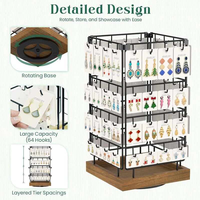 EsLuker.ly Rotating Earring Display Holder Stand for Vendors Events Selling, Large Capacity 64 Hooks Jewelry Rack with Wooden Base for Earring Card Sales, Enhances Retail Display Visibility - Image 2