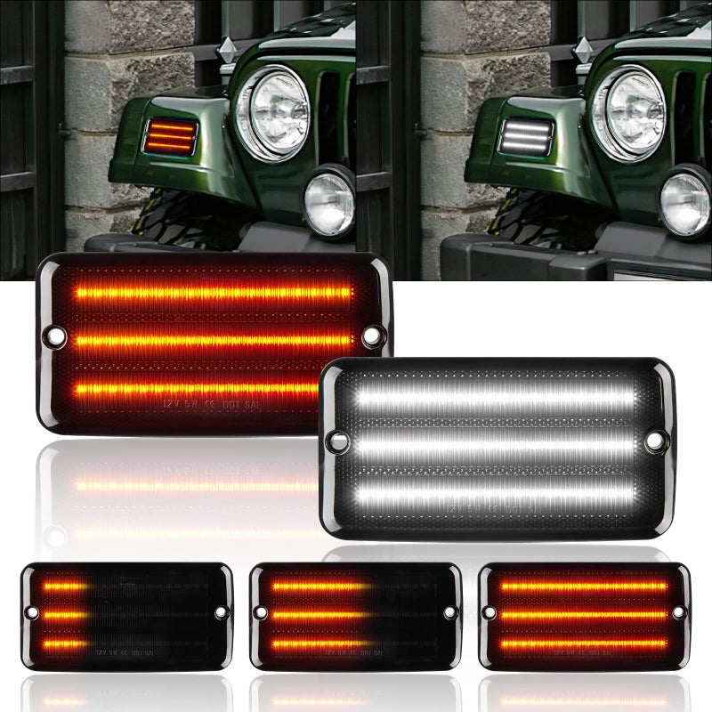 أضواء إشارة الانعطاف الأمامية LED المتسلسلة Gempro باللون الأبيض DRL لسيارة جيب رانجلر TJ من 1997 إلى 2006 عدسة مدخنة