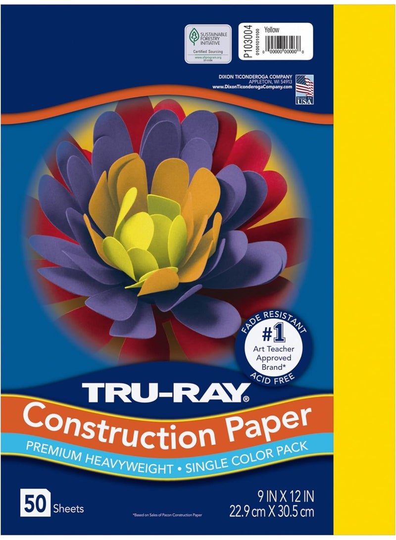 TRU-RAY PACON Tru-Ray Construction Paper, 9-Inches by 12-Inches, 50-Count, Yellow (103004) - Image 1