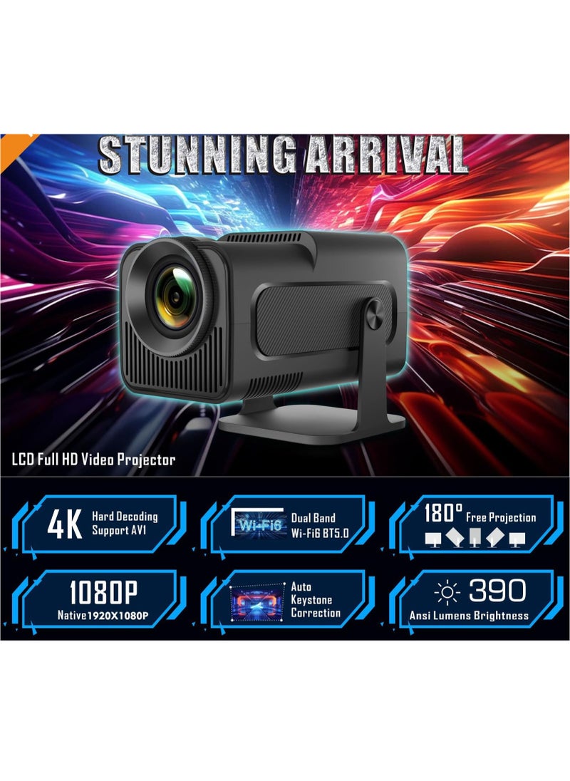 Houmt - Mini Projector HY320 Auto Keystone Projector 4K FHD 1080P Smart Projector Support 10000 Lumens with WiFi 6 BT 5.0 180 Degree Rotation, Built-in Android 11.0 Outdoor Portable Projector EU PLUG - Image 1