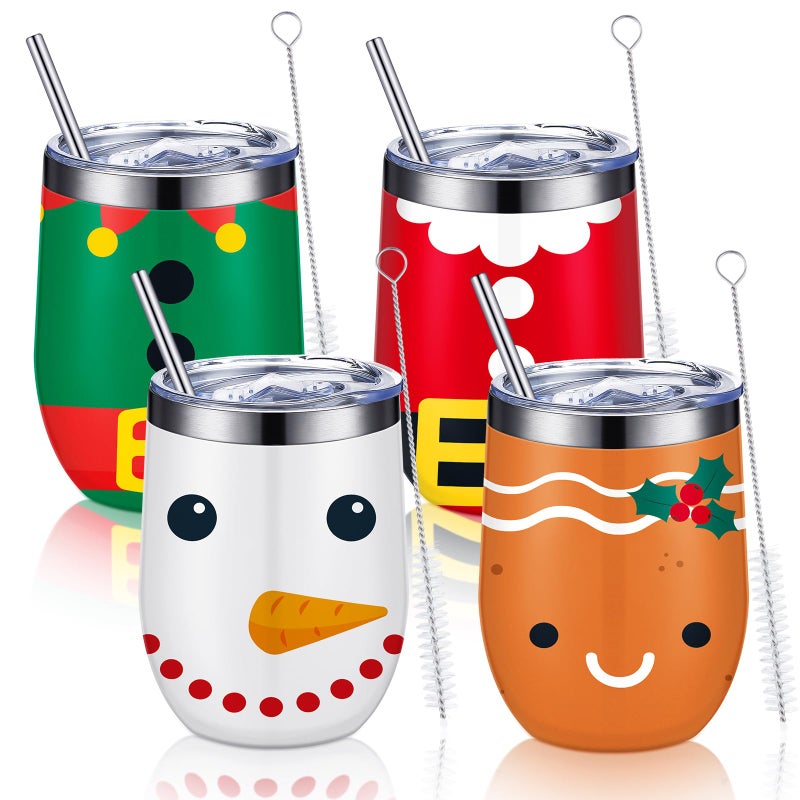 Suclain 4 Pcs Christmas Wine Tumbler 12 oz Christmas Stainless Steel Wine Cup with Lid Straw and Brush Merry Santa Snowman Insulated Coffee Mug Holiday Gift for Xmas Party Favor