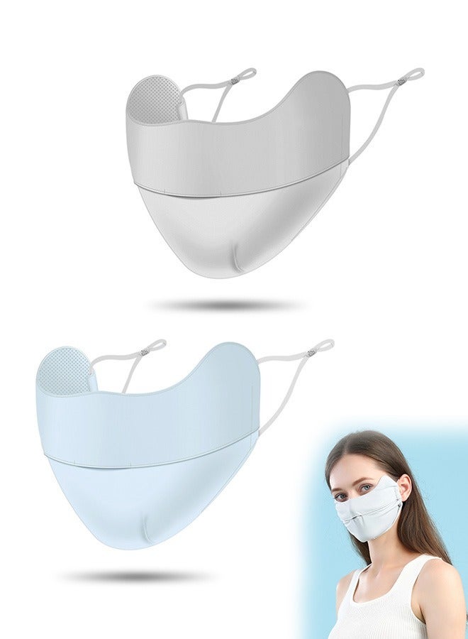 Generic 2 Pcs UPF 50 Ice Silk Breathable Protection UV Face Cover with Ear Loops, Soft Washable Reusable Sunscreen Sports Face Mask, Sun Protection Mask Headwear (Gray+Blue) - Image 1