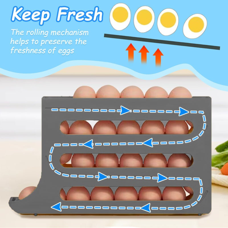 Jofarstep Egg Holder for Fridge, 4 Tiers Dispenser, 30 Egg Container Refrigerator, Large Capacity Organizer Automatic Fridge Rolling Egg Container for Pantry Countertop (Grey) - Image 3