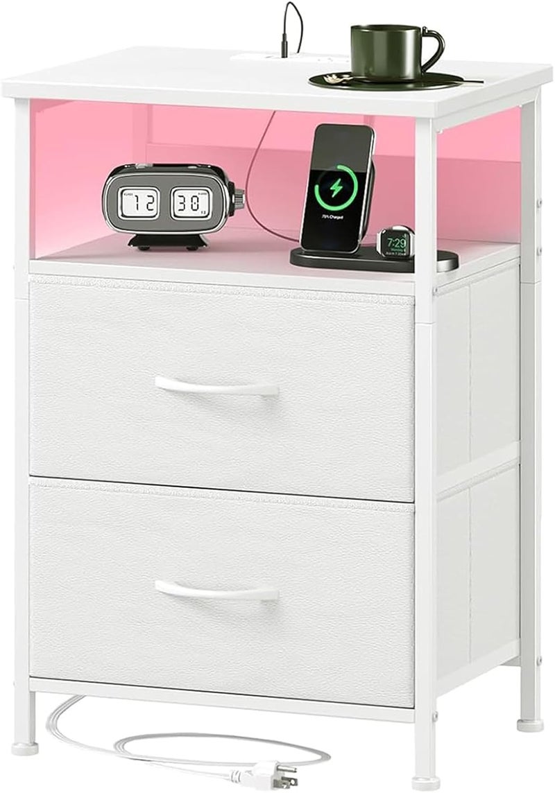 شاربدو طاولة سرير كبيرة السعة مع إضاءة LED ودرج تخزين، مع مقبسين تيار متردد ومنفذين USB، مقبس قياسي للمملكة المتحدة - Image 1
