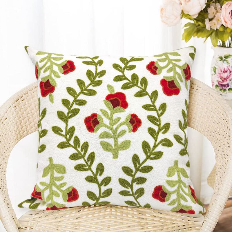 Alysheer Floral Embroidered Summer Decorative Throw Pillow Cover 18"x 18", Farmhouse Cottage Red Flowers Green Leaves Knit Pattern Cotton Canvas Cushion Case for Sofa Couch Bed Living Room Decor - Image 1