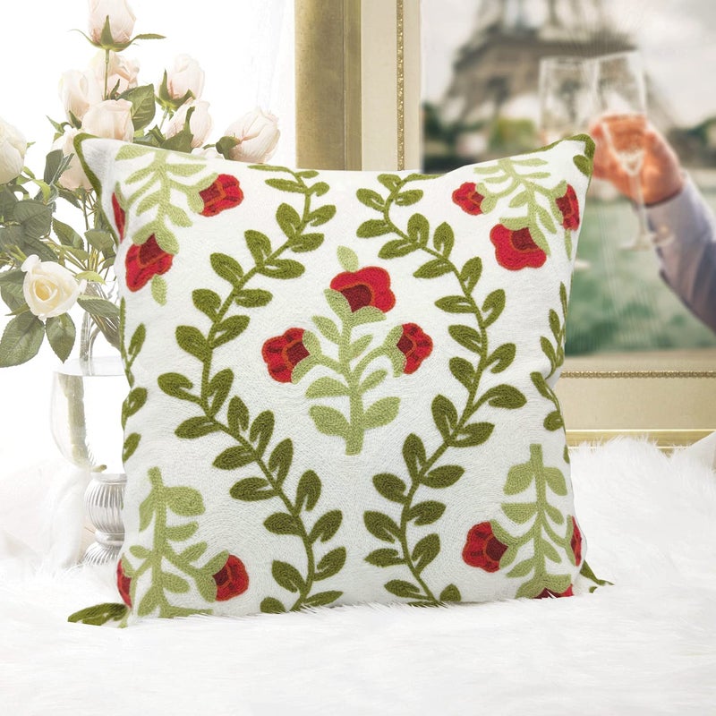 Alysheer Floral Embroidered Summer Decorative Throw Pillow Cover 18"x 18", Farmhouse Cottage Red Flowers Green Leaves Knit Pattern Cotton Canvas Cushion Case for Sofa Couch Bed Living Room Decor - Image 2