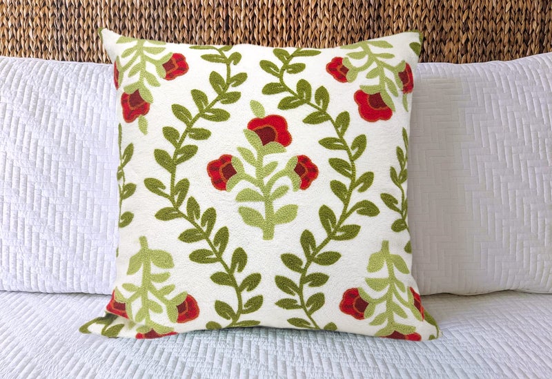 Alysheer Floral Embroidered Summer Decorative Throw Pillow Cover 18"x 18", Farmhouse Cottage Red Flowers Green Leaves Knit Pattern Cotton Canvas Cushion Case for Sofa Couch Bed Living Room Decor - Image 4