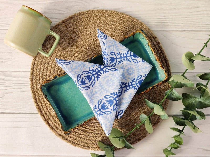 AVKA Studio Cotton Dinner Napkins 18x18 inches - Washable Cloth Napkins Set of 6 - Everyday Use or Dinner Party and Events - White Blue Lightweight Indian Block Printed Soft Fabric by Craftbot - Image 2