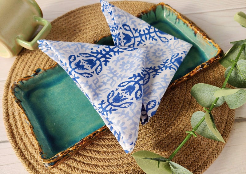 AVKA Studio Cotton Dinner Napkins 18x18 inches - Washable Cloth Napkins Set of 6 - Everyday Use or Dinner Party and Events - White Blue Lightweight Indian Block Printed Soft Fabric by Craftbot - Image 3