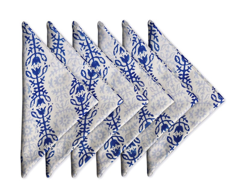 AVKA Studio Cotton Dinner Napkins 18x18 inches - Washable Cloth Napkins Set of 6 - Everyday Use or Dinner Party and Events - White Blue Lightweight Indian Block Printed Soft Fabric by Craftbot - Image 1