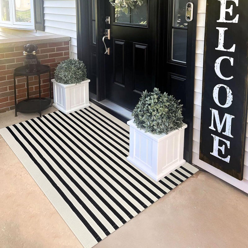 KILOCOCO Beige Striped Rug 3x5 Indoor Outdoor Rugs Front Door Rugs Hand Woven Cotton Washable Striped Layered Doormats for Front Porch/Kitchen/Farmhouse/Entryway/Patio - Image 1