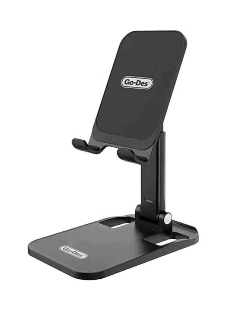 GO-DES Ultra-Stable Foldable Phone  Tablet Stand – Dual-Height Adjustable Metal Alloy Holder with 360° Rotating Mount, Anti-Slip Silicone Grips, and Wide Base – Compatible with Smartphones  Tablets Up to 13” – Sleek, Portable  Ideal for Desk, Office, Kitchen  Travel Use - Image 1