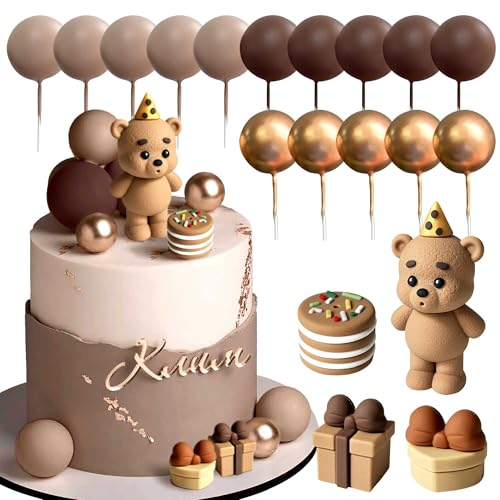 Roaring Good Time 19PCS Brown Bear Cake Decoration Baby Bear Baby Shower Cake Topper Brown Balls Cake Topper Baby Shower Birthday Cake Decoration - Image 1