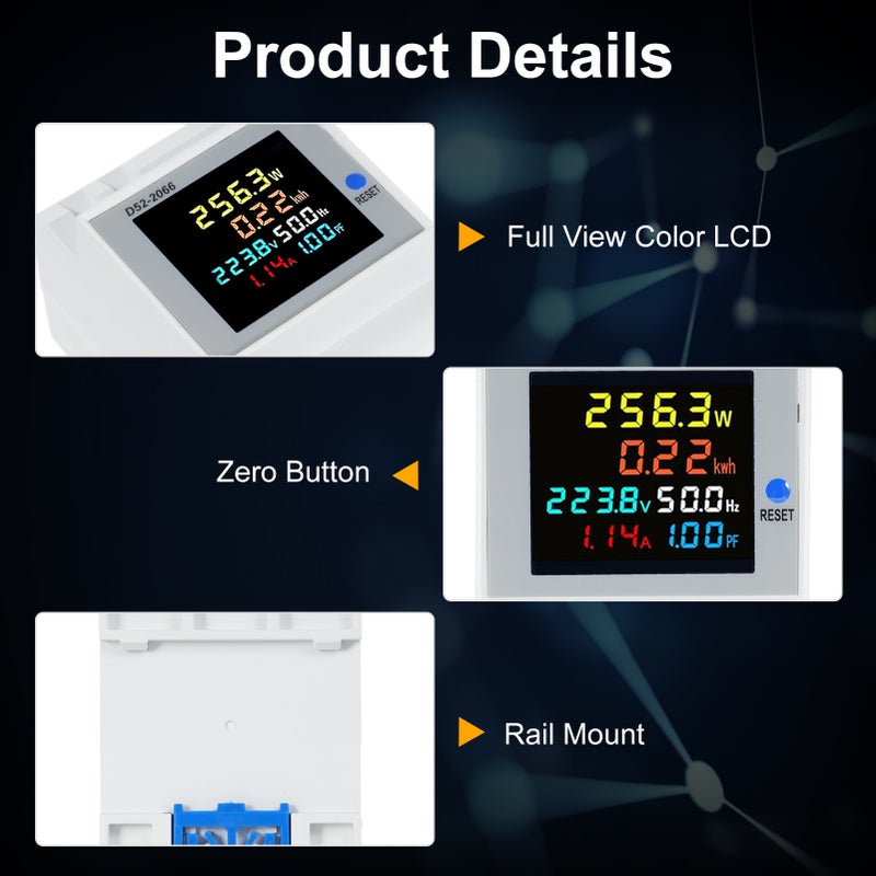 D52-2066 6-in-1 Digital Single Phase Energy Meter Tester Din Rail AC Monitor Voltage Current Power Factor Active KWH AC 40V~300V 100A Electricity Usage Monitor - Image 2