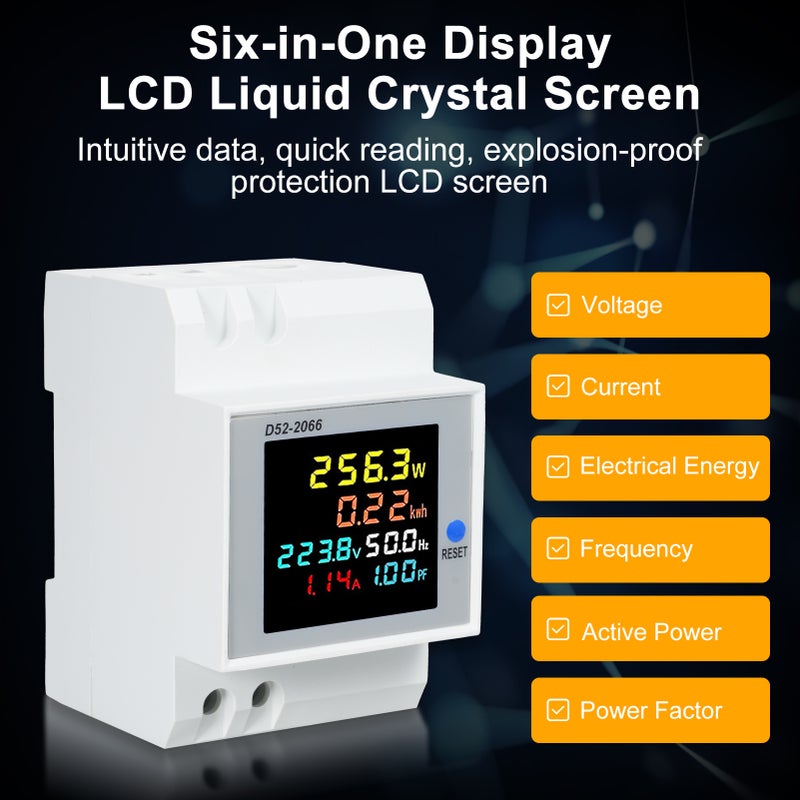 D52-2066 6-in-1 Digital Single Phase Energy Meter Tester Din Rail AC Monitor Voltage Current Power Factor Active KWH AC 40V~300V 100A Electricity Usage Monitor - Image 3